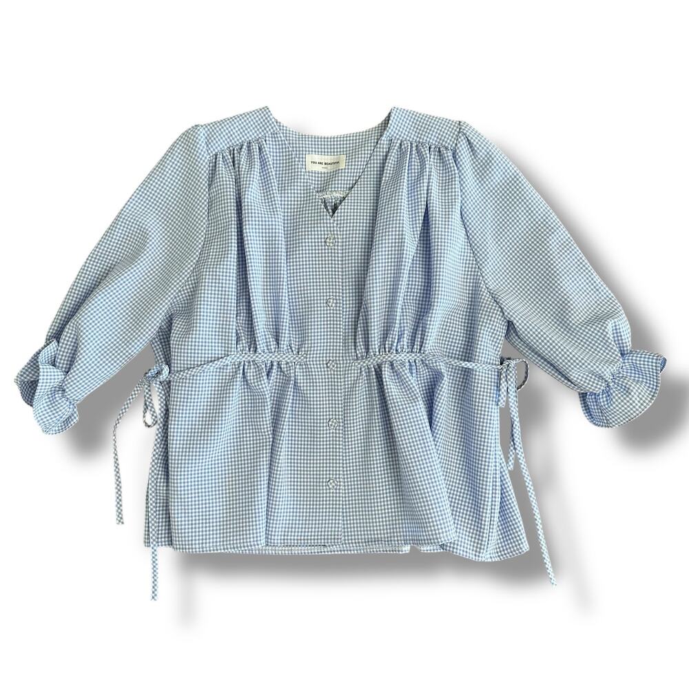 YOU ARE BEAUTIFUL Seoul Blue Gingham Puff Sleeve Waist Tie Blouse Top‎ M